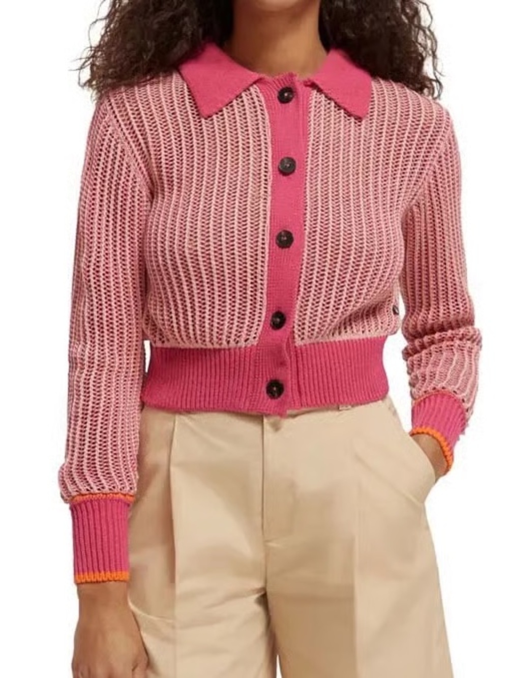 ! Scotch & Soda Small open knit button cropped cardigan shirt pink orange coral
